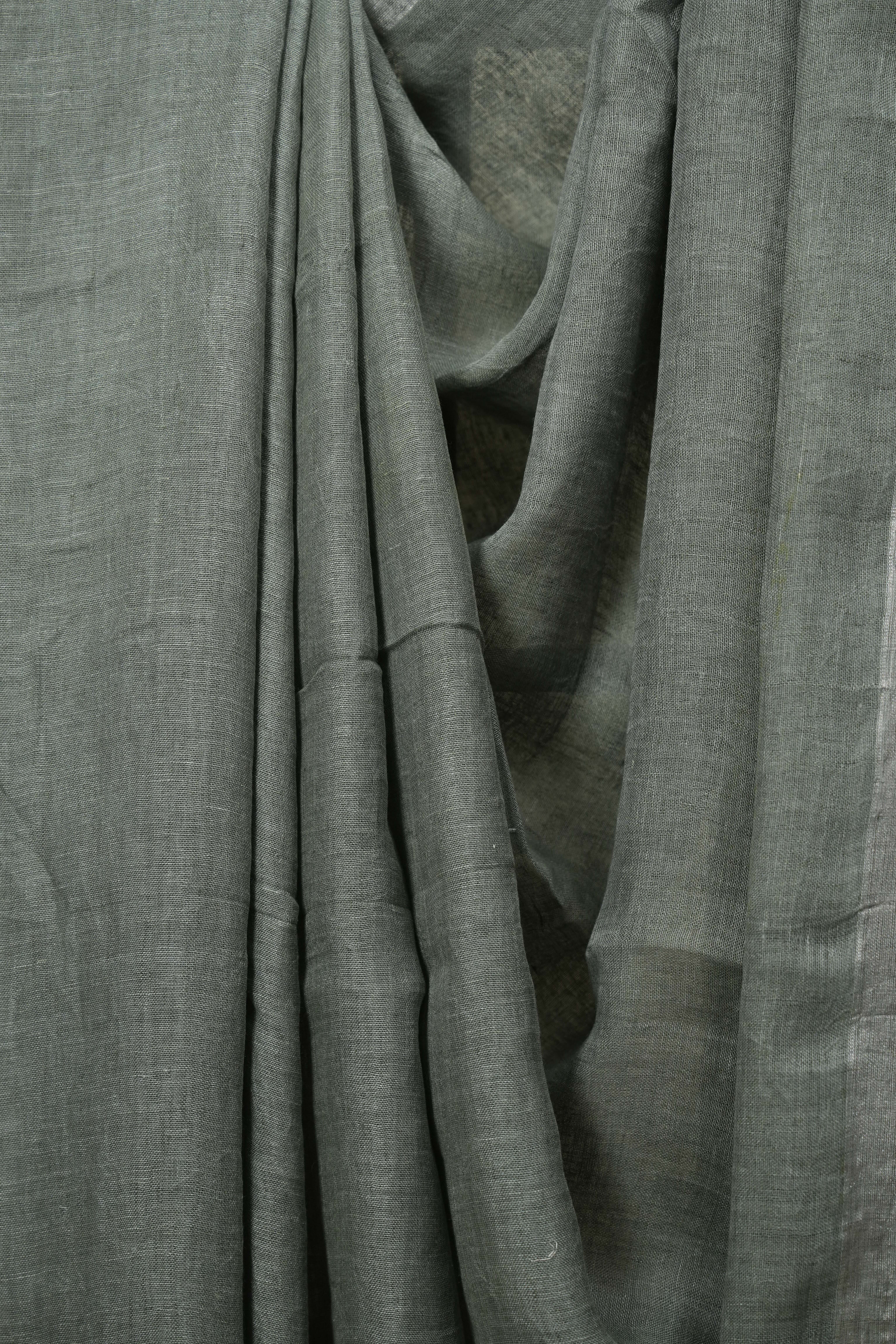 Grey Plain Linen Saree With Yellow Tassels - SRGPLS534