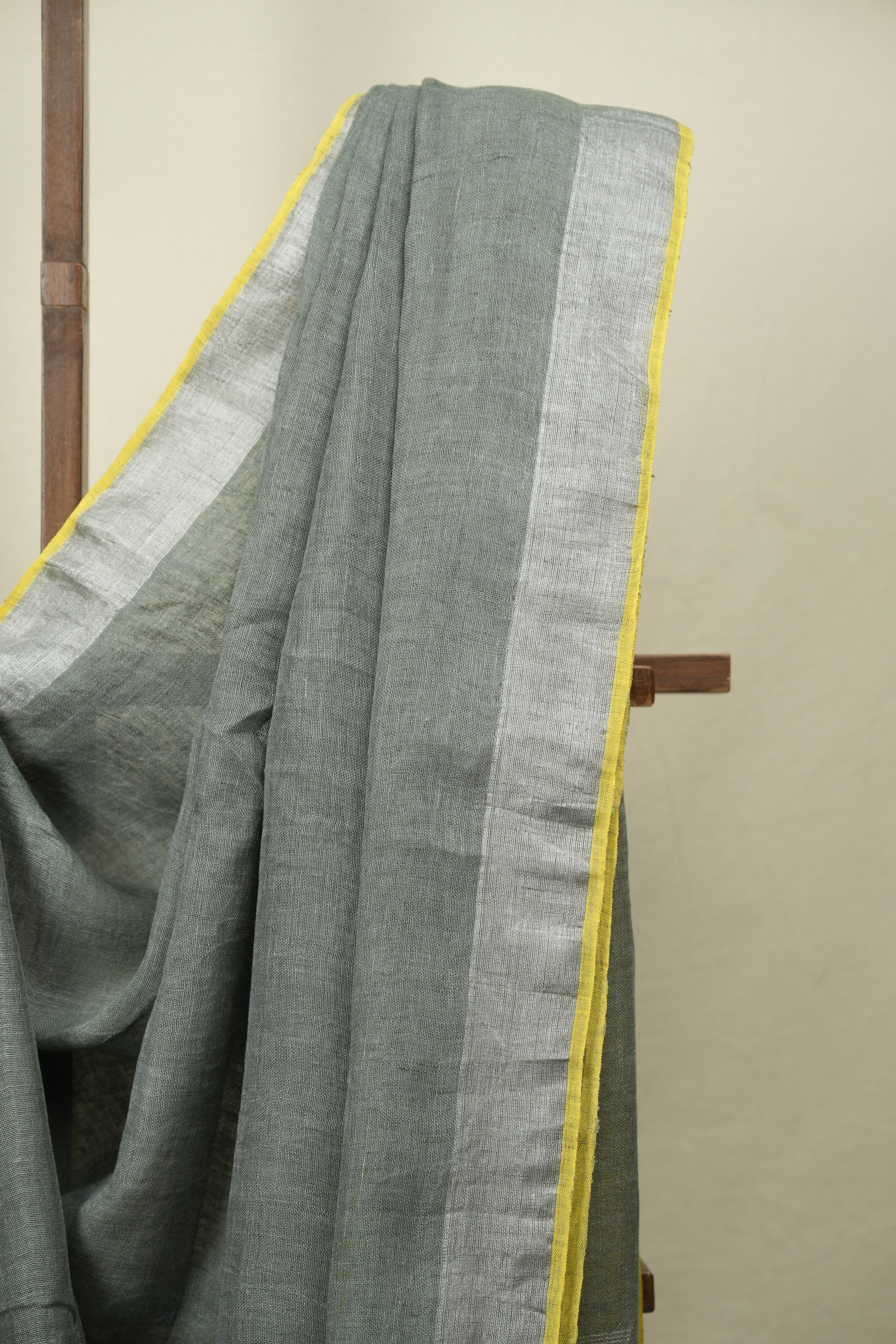 Grey Plain Linen Saree With Yellow Tassels - SRGPLS534