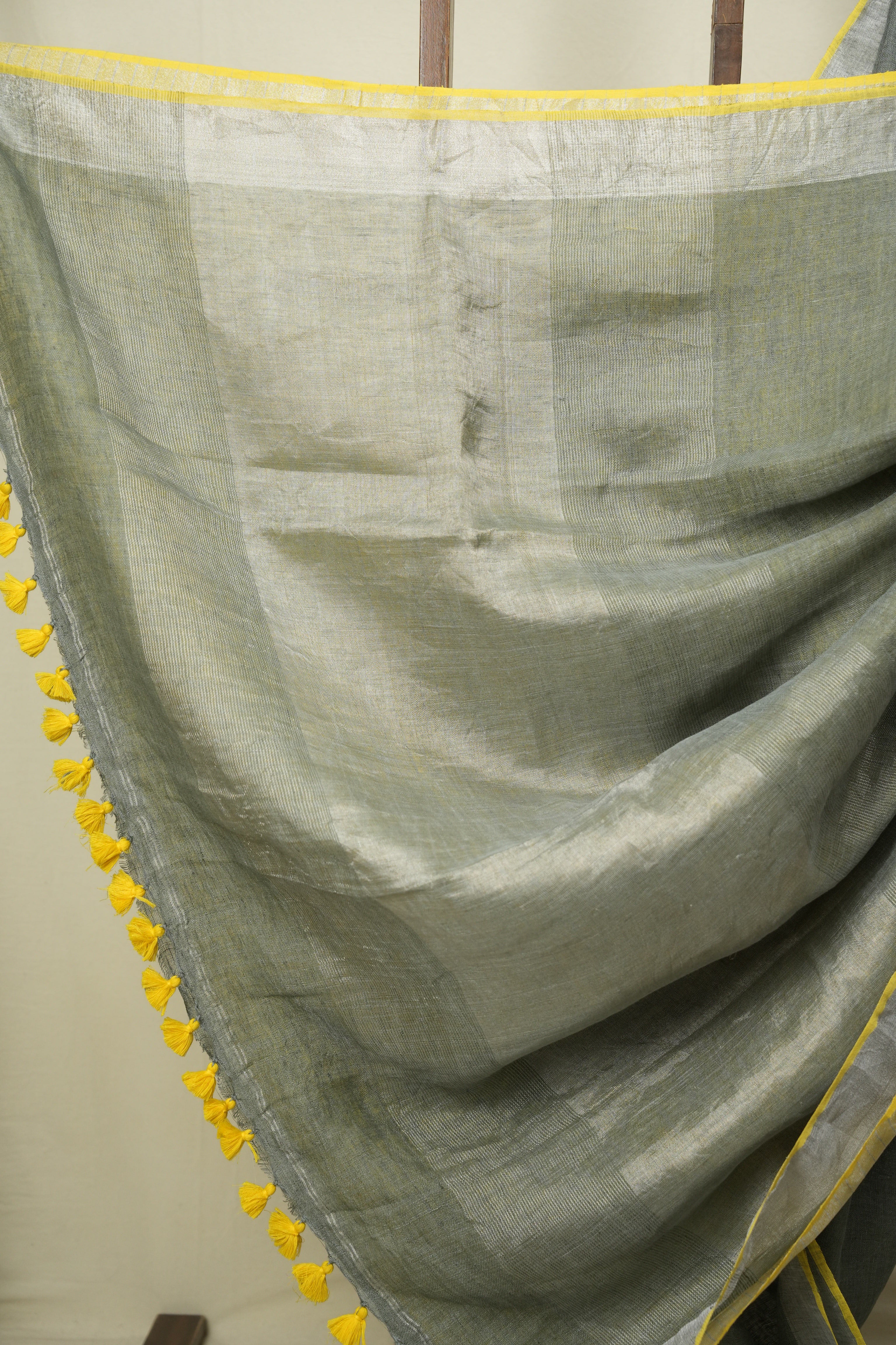 Grey Plain Linen Saree With Yellow Tassels - SRGPLS534
