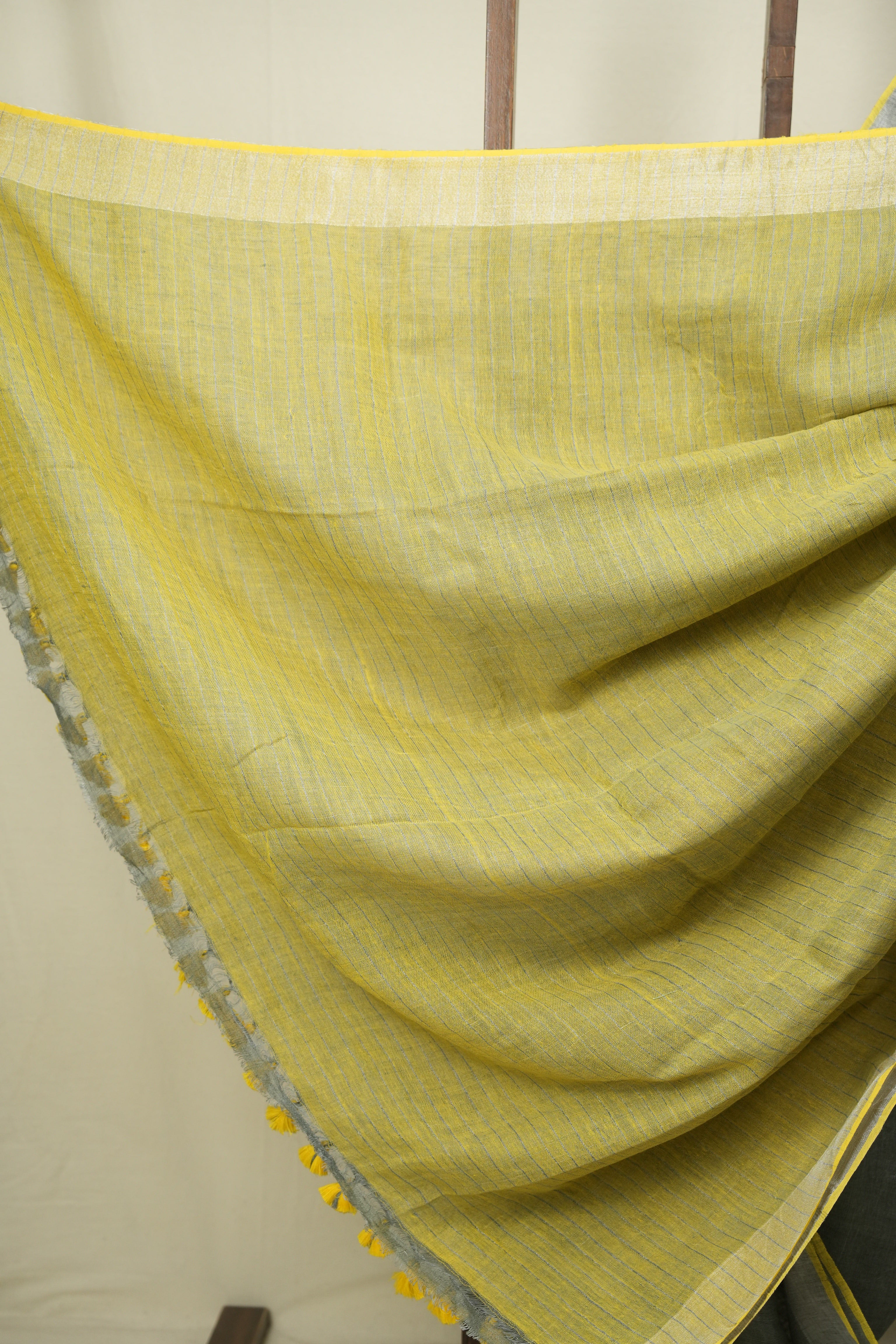 Grey Plain Linen Saree With Yellow Tassels - SRGPLS534