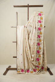 Snow White Machine Embroidered Tussar Silk Saree - SRSWMETSS1499