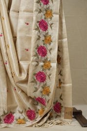 Snow White Machine Embroidered Tussar Silk Saree - SRSWMETSS1499