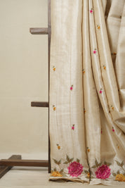 Snow White Machine Embroidered Tussar Silk Saree - SRSWMETSS1499