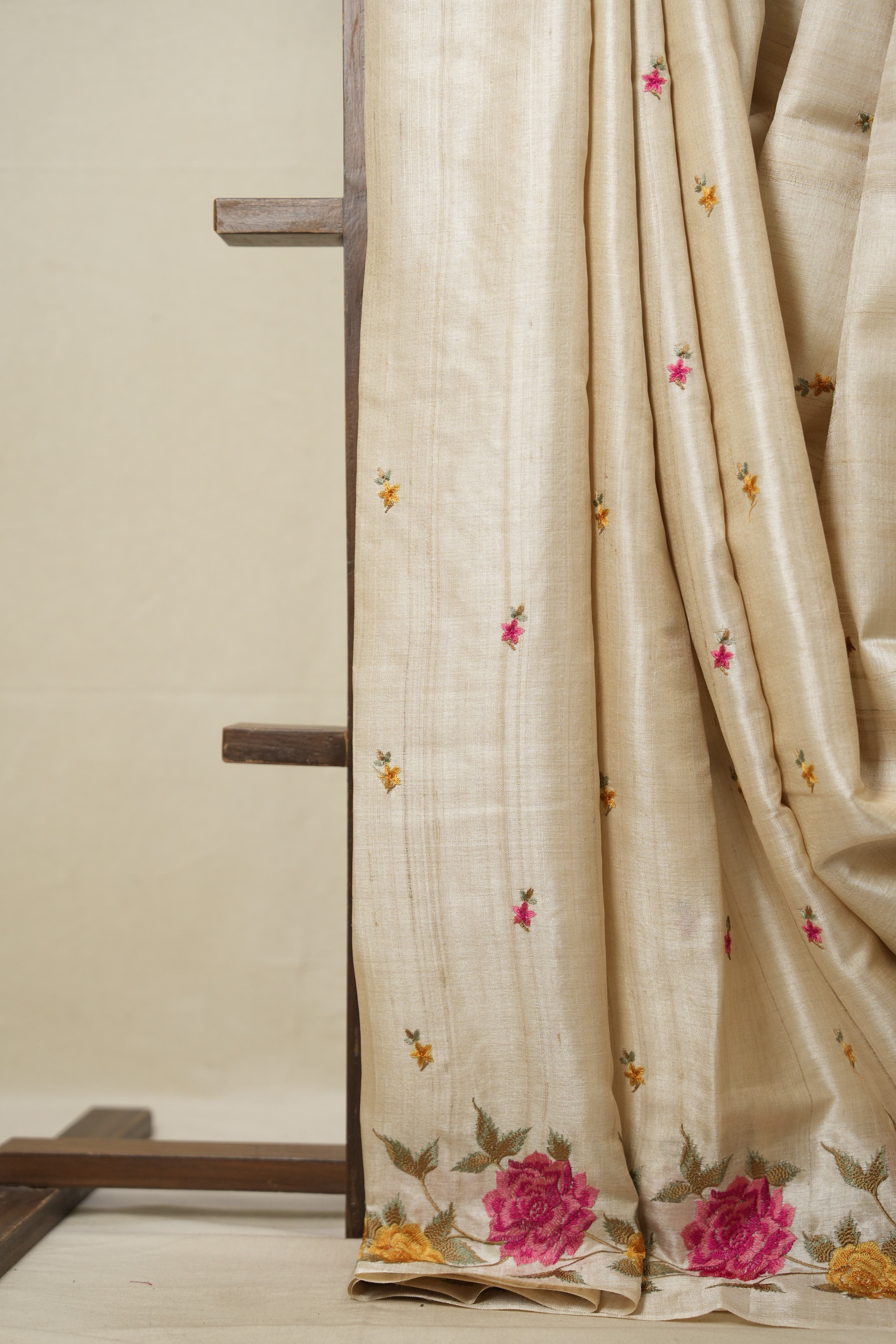 Snow White Machine Embroidered Tussar Silk Saree - SRSWMETSS1499