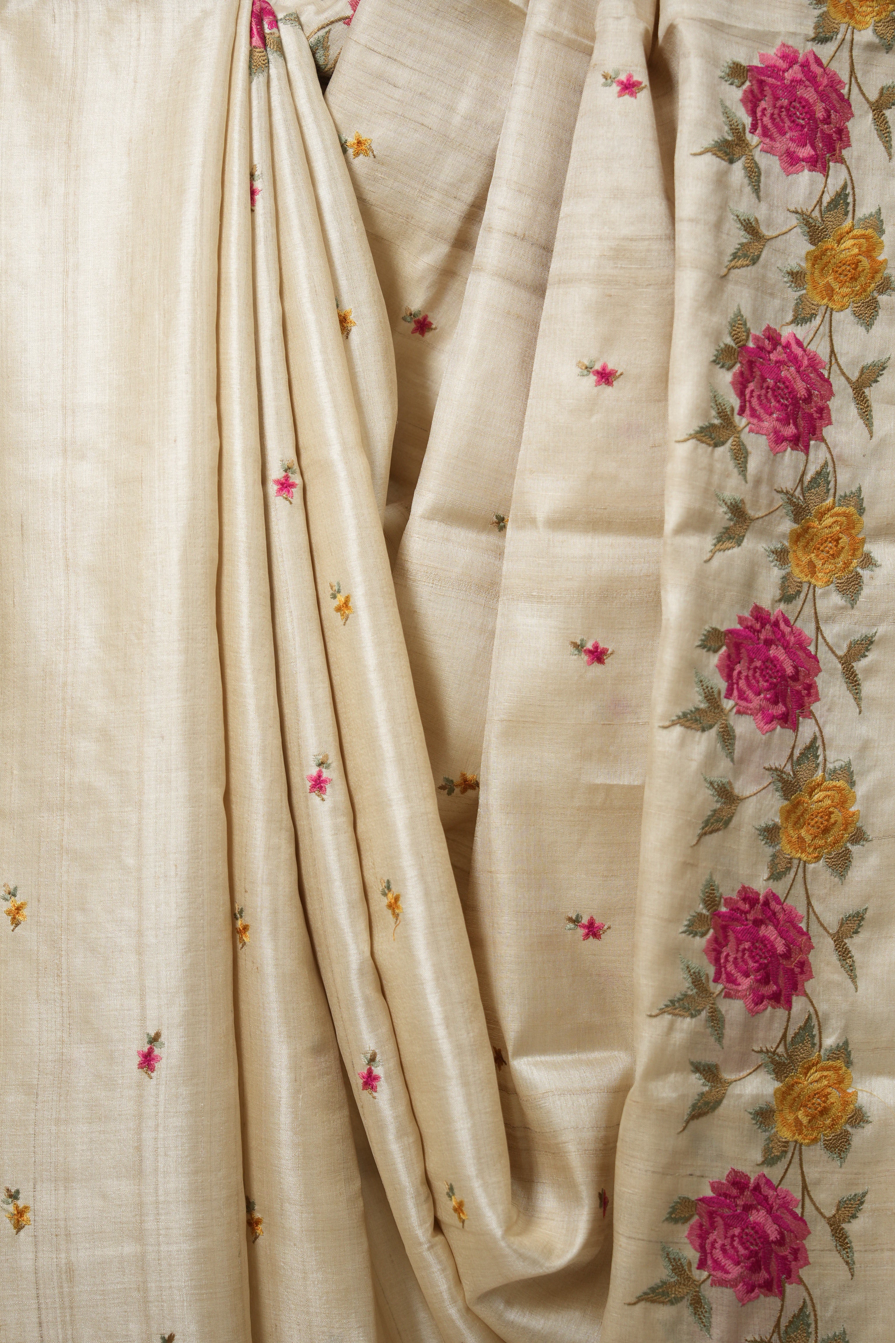 Snow White Machine Embroidered Tussar Silk Saree - SRSWMETSS1499