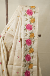 Snow White Machine Embroidered Tussar Silk Saree - SRSWMETSS1499