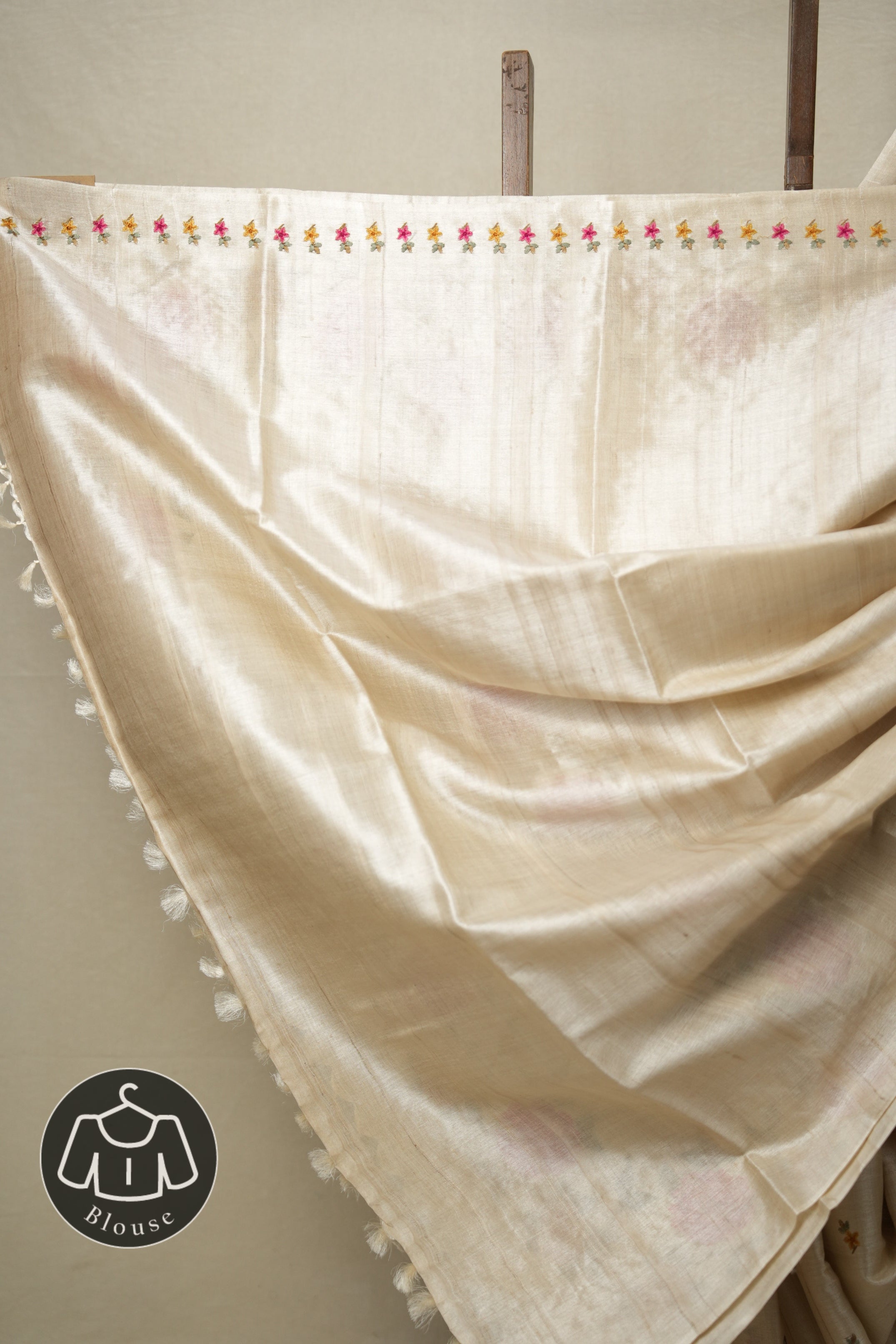 Snow White Machine Embroidered Tussar Silk Saree - SRSWMETSS1499