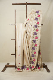 Light Beige Machine Embroidered Tussar Silk Saree - SRLBMETSS1498