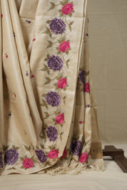 Light Beige Machine Embroidered Tussar Silk Saree - SRLBMETSS1498
