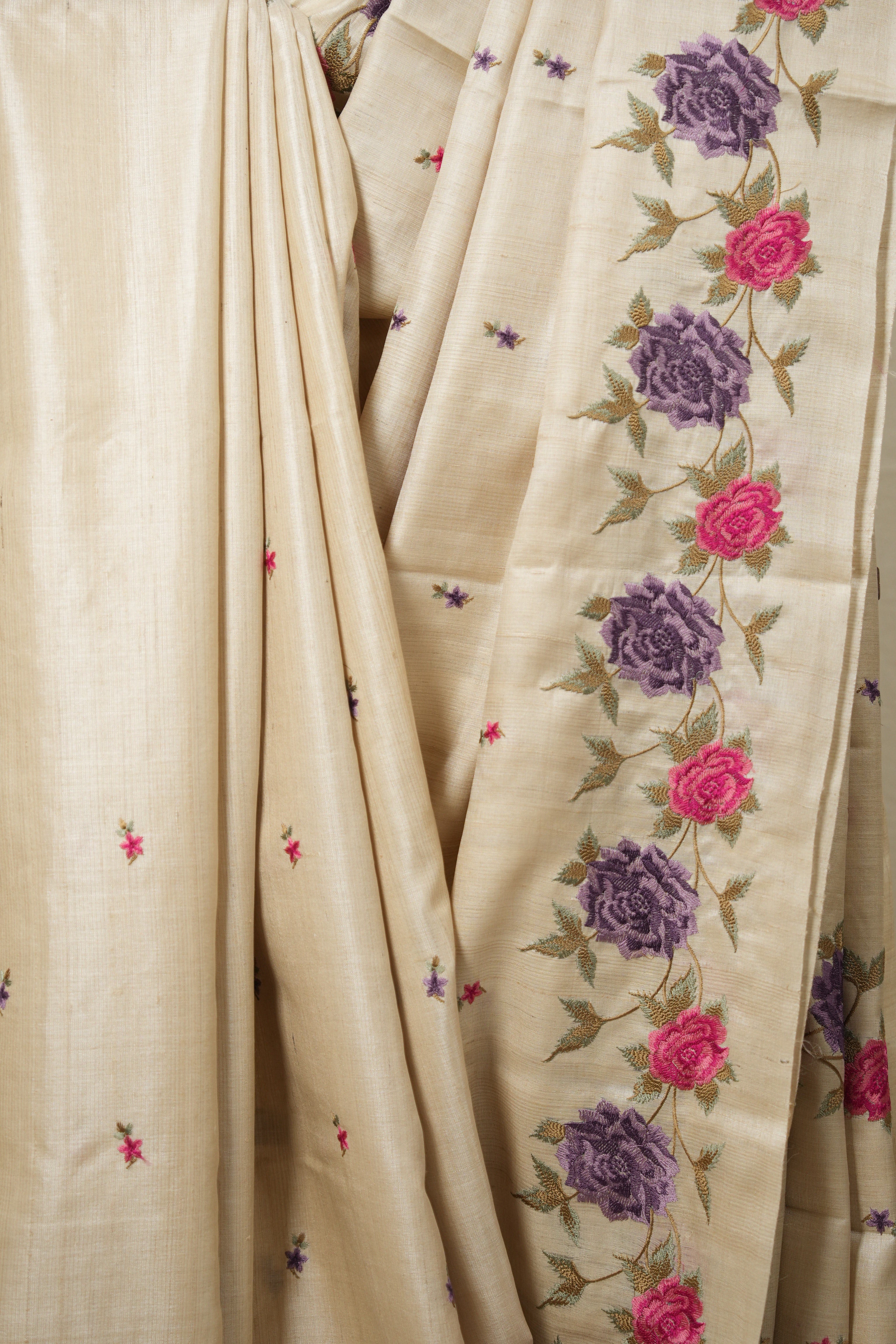 Light Beige Machine Embroidered Tussar Silk Saree - SRLBMETSS1498