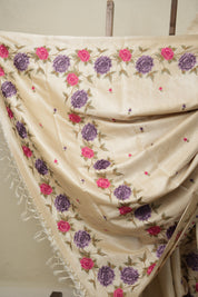 Light Beige Machine Embroidered Tussar Silk Saree - SRLBMETSS1498