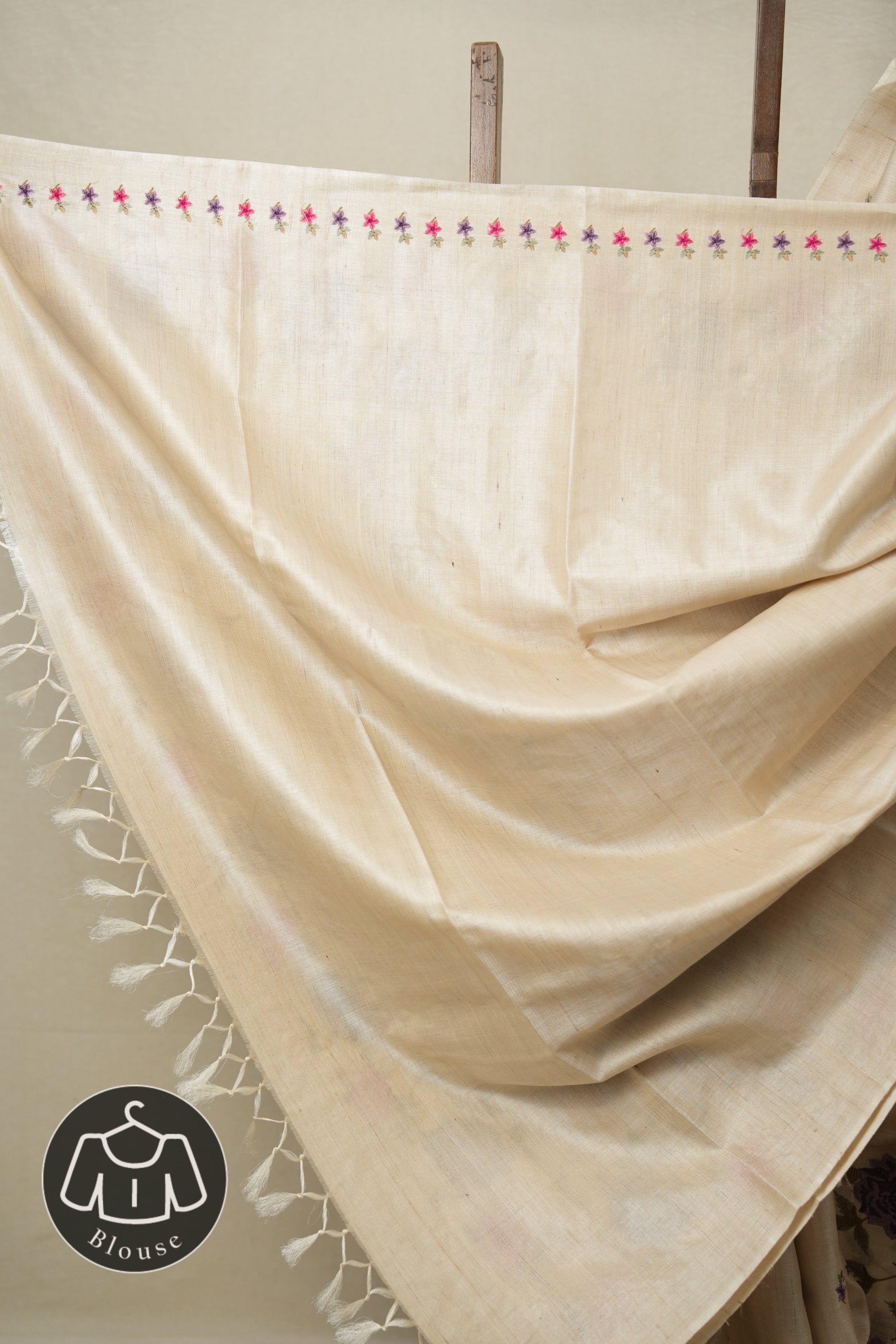 Light Beige Machine Embroidered Tussar Silk Saree - SRLBMETSS1498