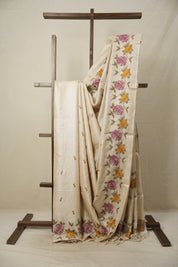 Beige Machine Embroidered Tussar Silk Saree - SRBMETSS1497