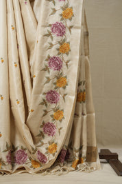 Beige Machine Embroidered Tussar Silk Saree - SRBMETSS1497