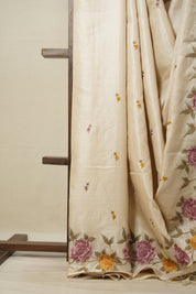 Beige Machine Embroidered Tussar Silk Saree - SRBMETSS1497