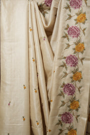 Beige Machine Embroidered Tussar Silk Saree - SRBMETSS1497