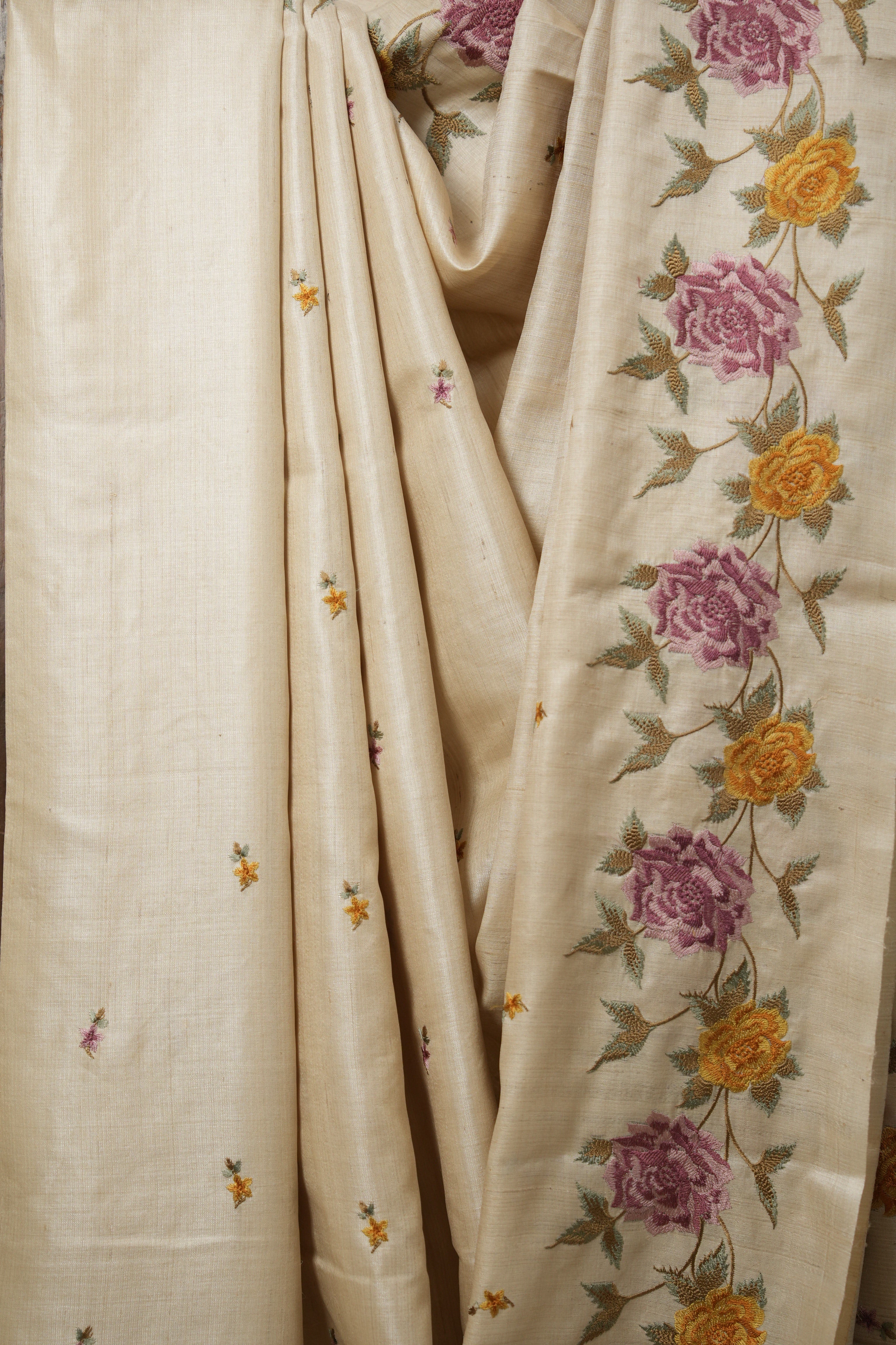Beige Machine Embroidered Tussar Silk Saree - SRBMETSS1497