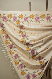 Beige Machine Embroidered Tussar Silk Saree - SRBMETSS1497