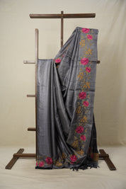 Metallic Grey Machine Embroidered Tussar Silk Saree - SRMGMETSS1496
