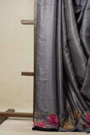 Metallic Grey Machine Embroidered Tussar Silk Saree - SRMGMETSS1496