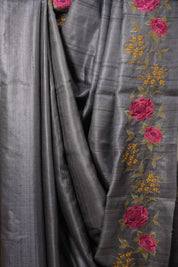 Metallic Grey Machine Embroidered Tussar Silk Saree - SRMGMETSS1496