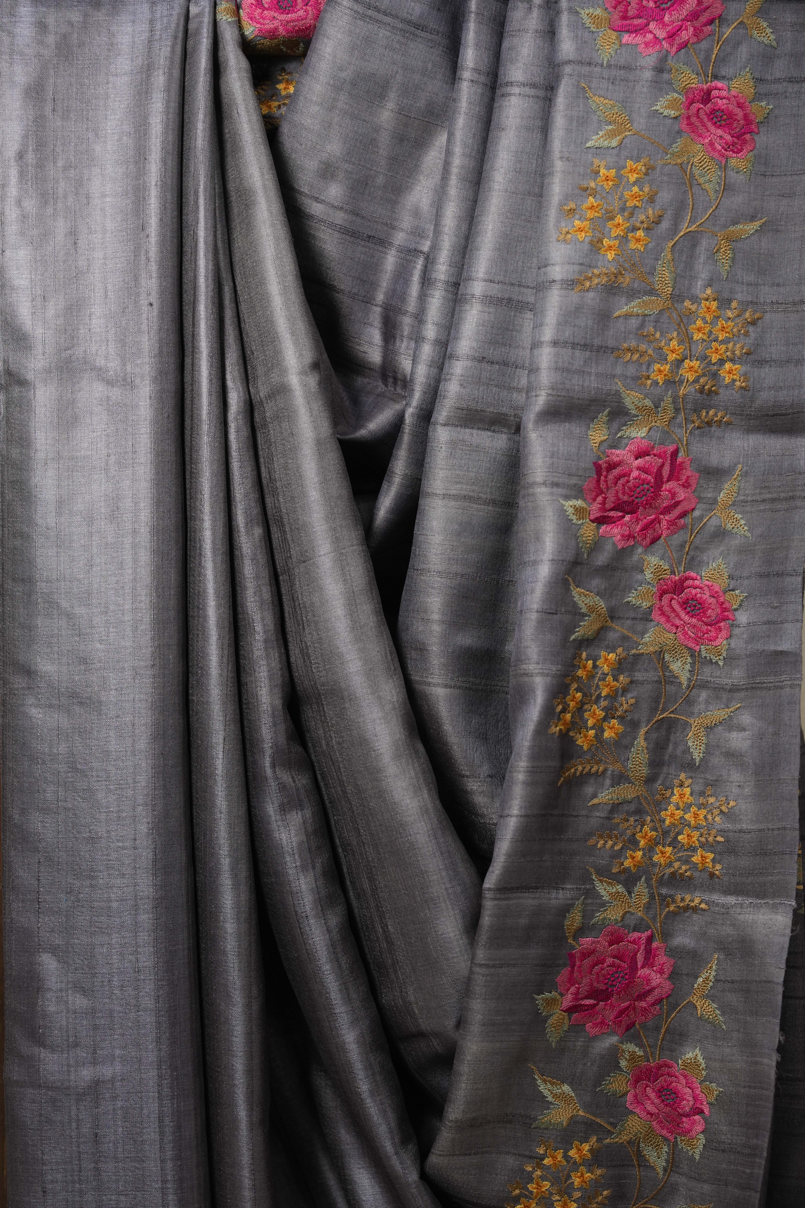 Metallic Grey Machine Embroidered Tussar Silk Saree - SRMGMETSS1496
