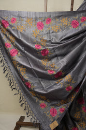 Metallic Grey Machine Embroidered Tussar Silk Saree - SRMGMETSS1496