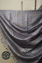 Metallic Grey Machine Embroidered Tussar Silk Saree - SRMGMETSS1496