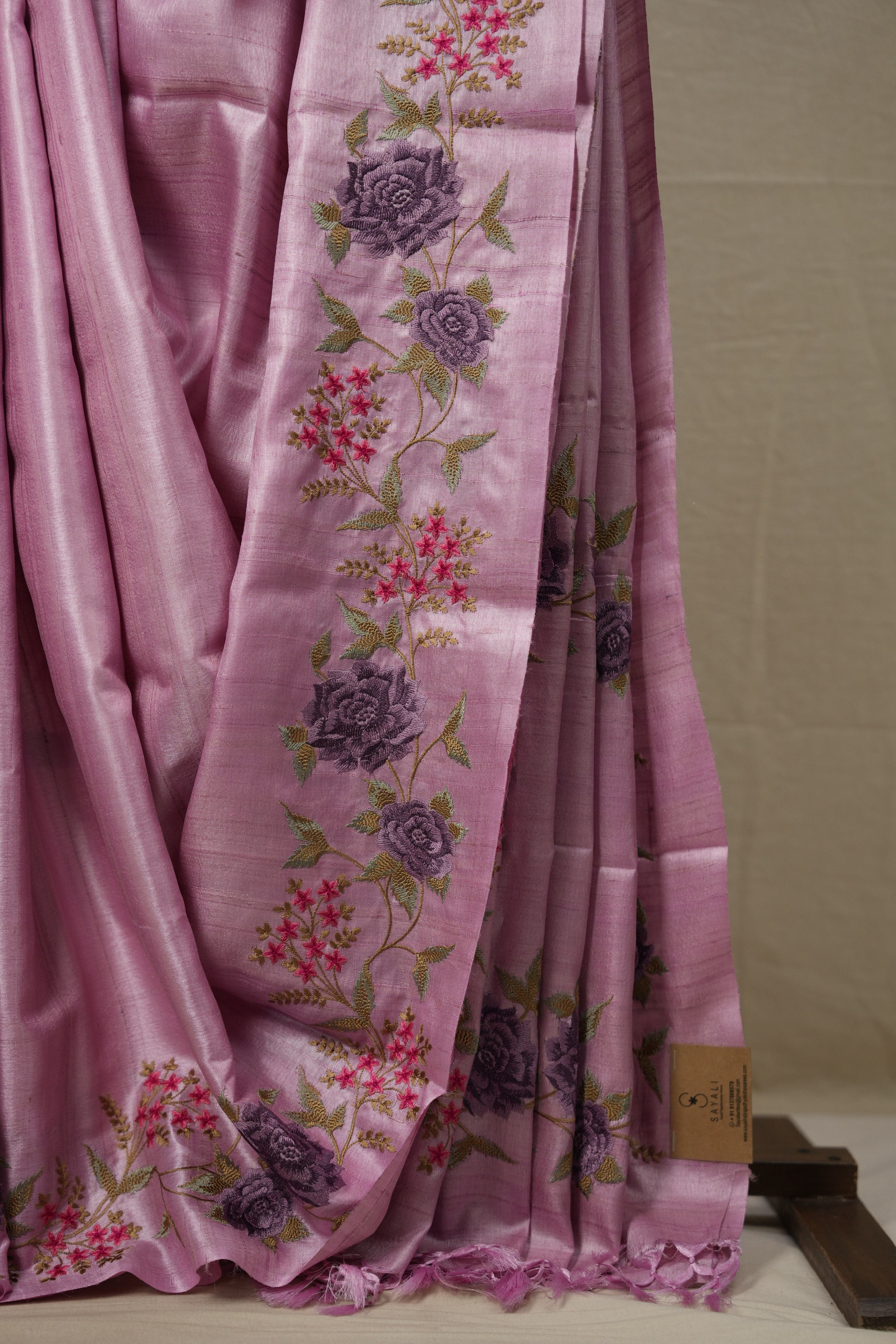 Pestel Pink Machine Embroidered Tussar Silk Saree - SRPPMETSS1513