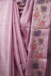 Pestel Pink Machine Embroidered Tussar Silk Saree - SRPPMETSS1513