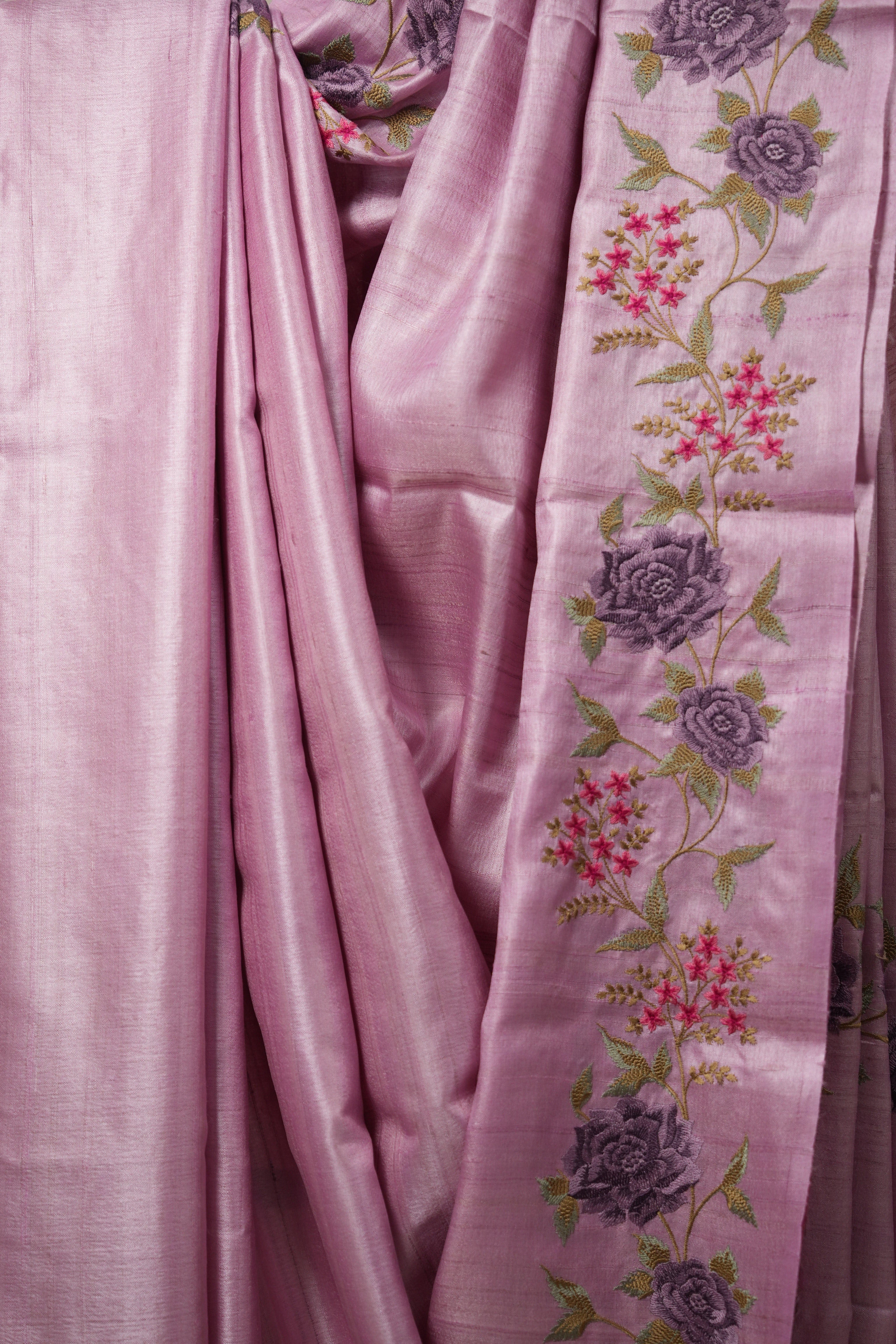 Pestel Pink Machine Embroidered Tussar Silk Saree - SRPPMETSS1513