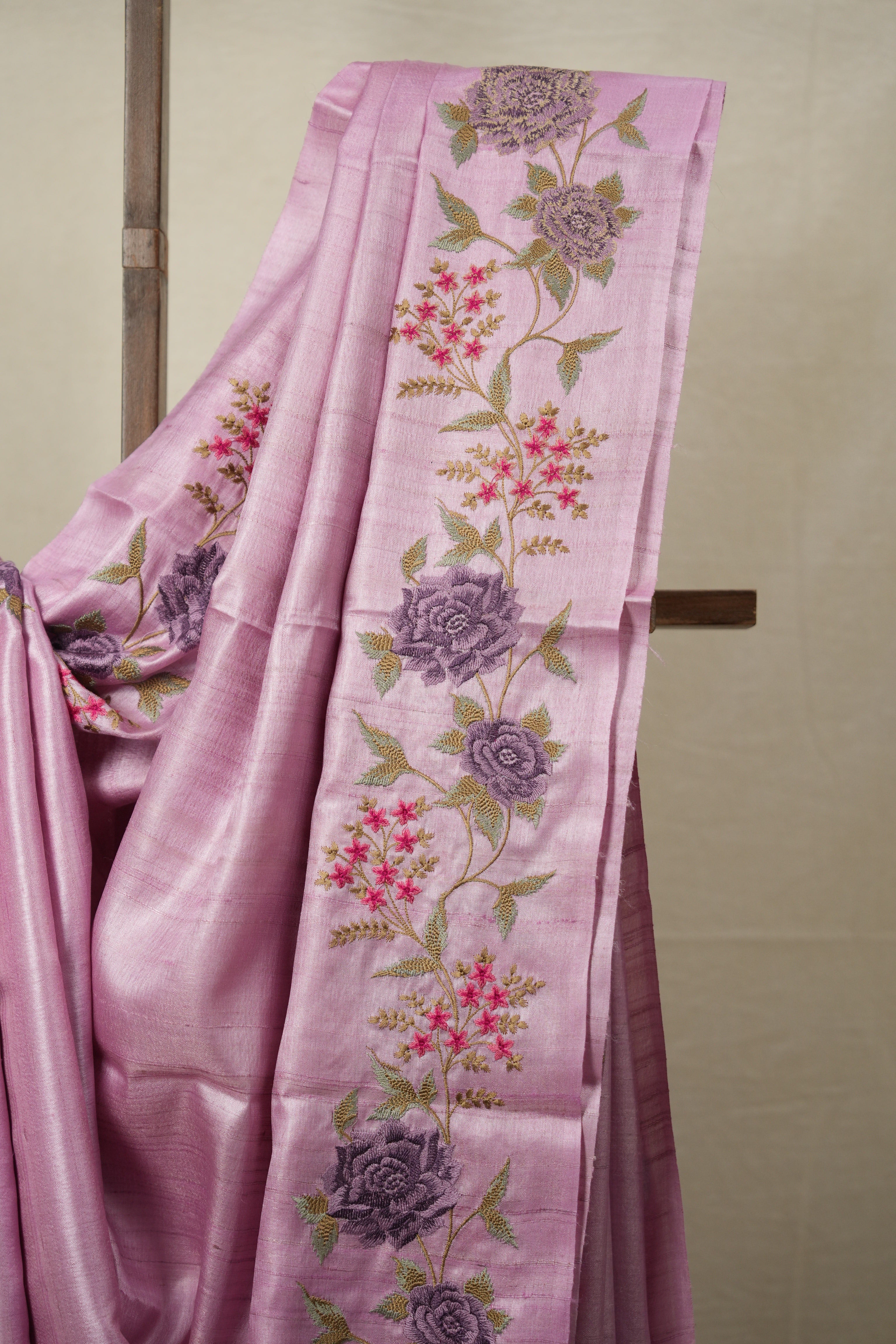 Pestel Pink Machine Embroidered Tussar Silk Saree - SRPPMETSS1513