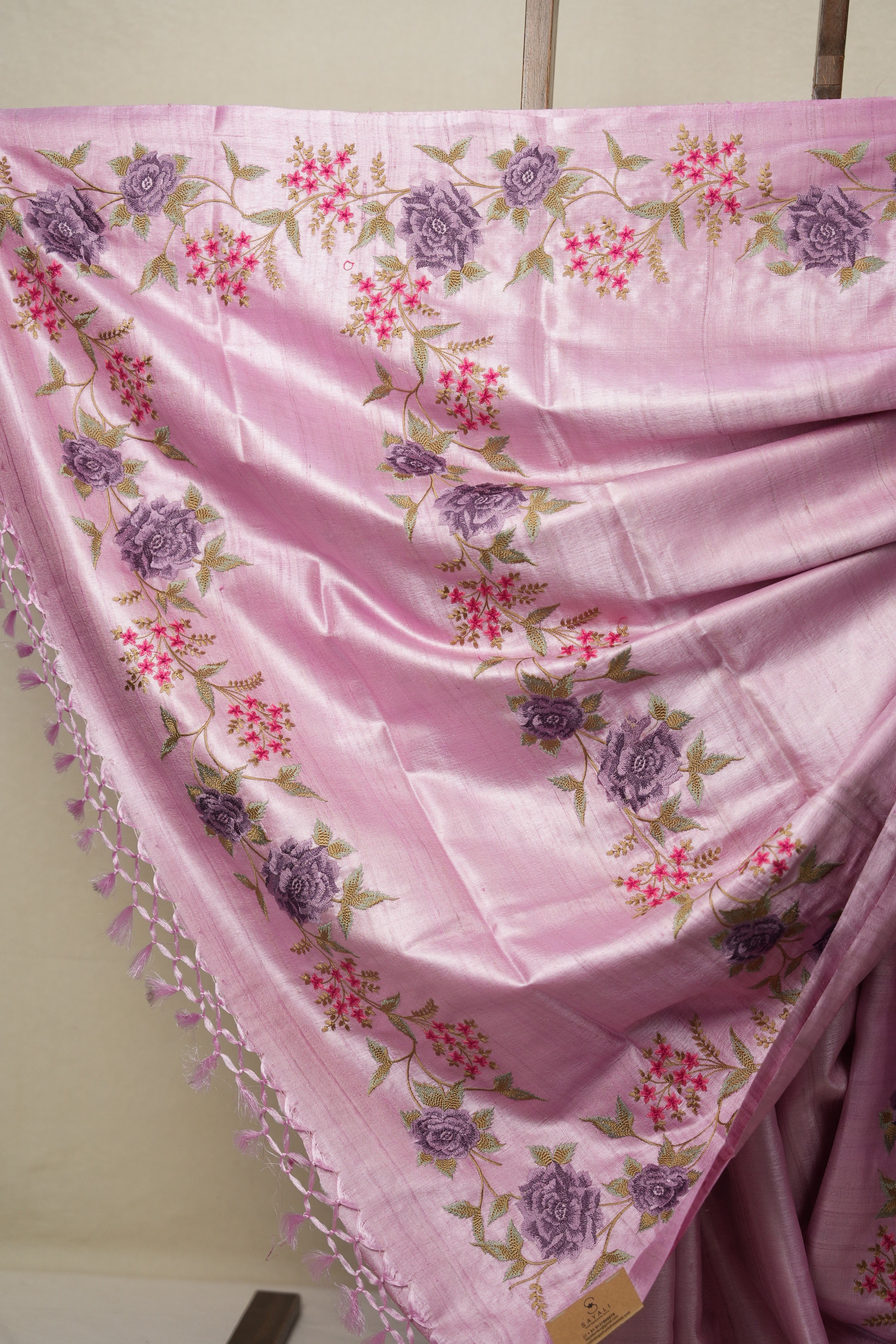 Pestel Pink Machine Embroidered Tussar Silk Saree - SRPPMETSS1513