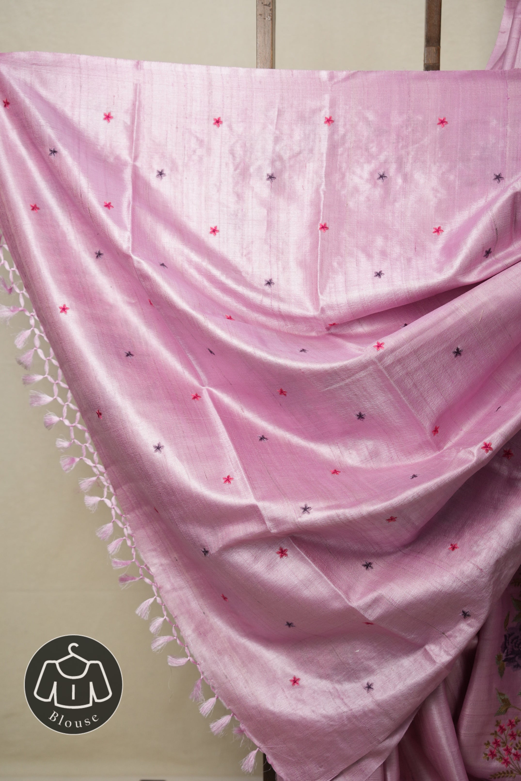 Pestel Pink Machine Embroidered Tussar Silk Saree - SRPPMETSS1513