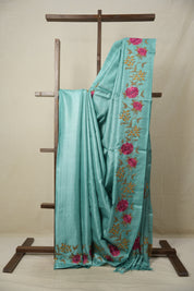 Aqua Blue Machine Embroidered Tussar Silk Saree - SRABMETSS1514
