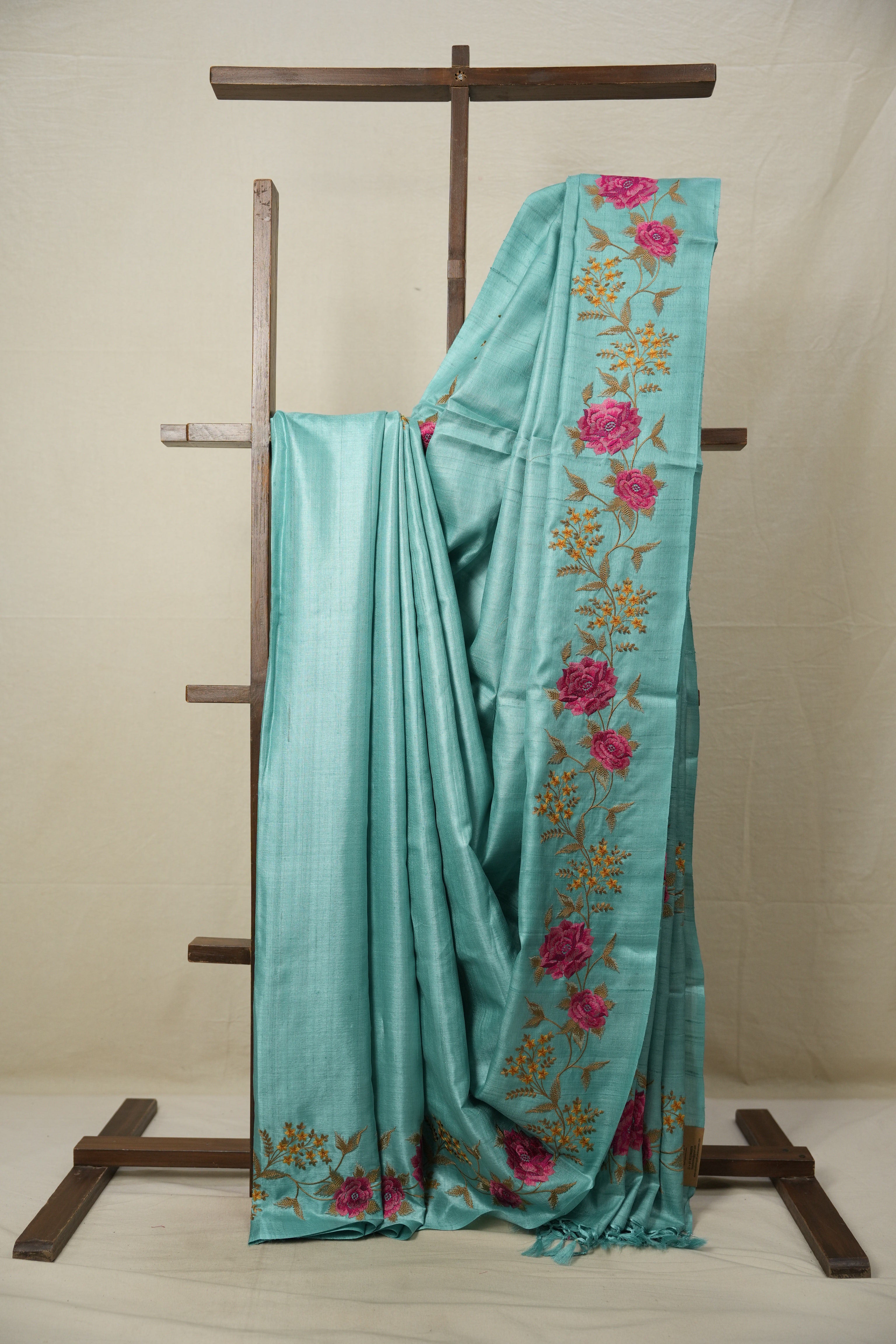 Aqua Blue Machine Embroidered Tussar Silk Saree - SRABMETSS1514