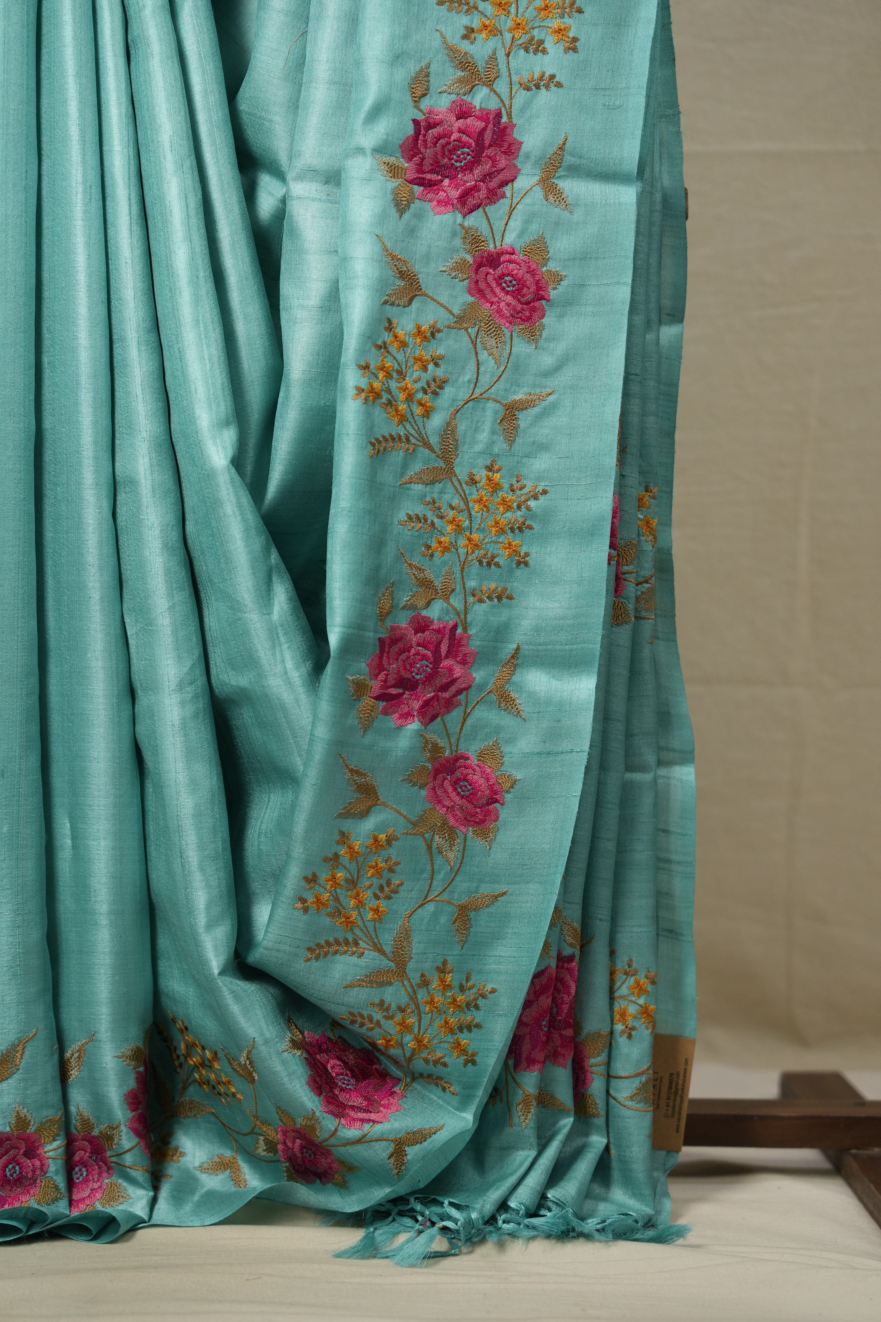 Aqua Blue Machine Embroidered Tussar Silk Saree - SRABMETSS1514