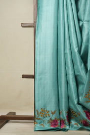 Aqua Blue Machine Embroidered Tussar Silk Saree - SRABMETSS1514