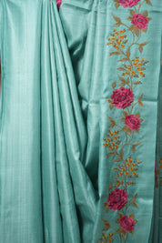 Aqua Blue Machine Embroidered Tussar Silk Saree - SRABMETSS1514