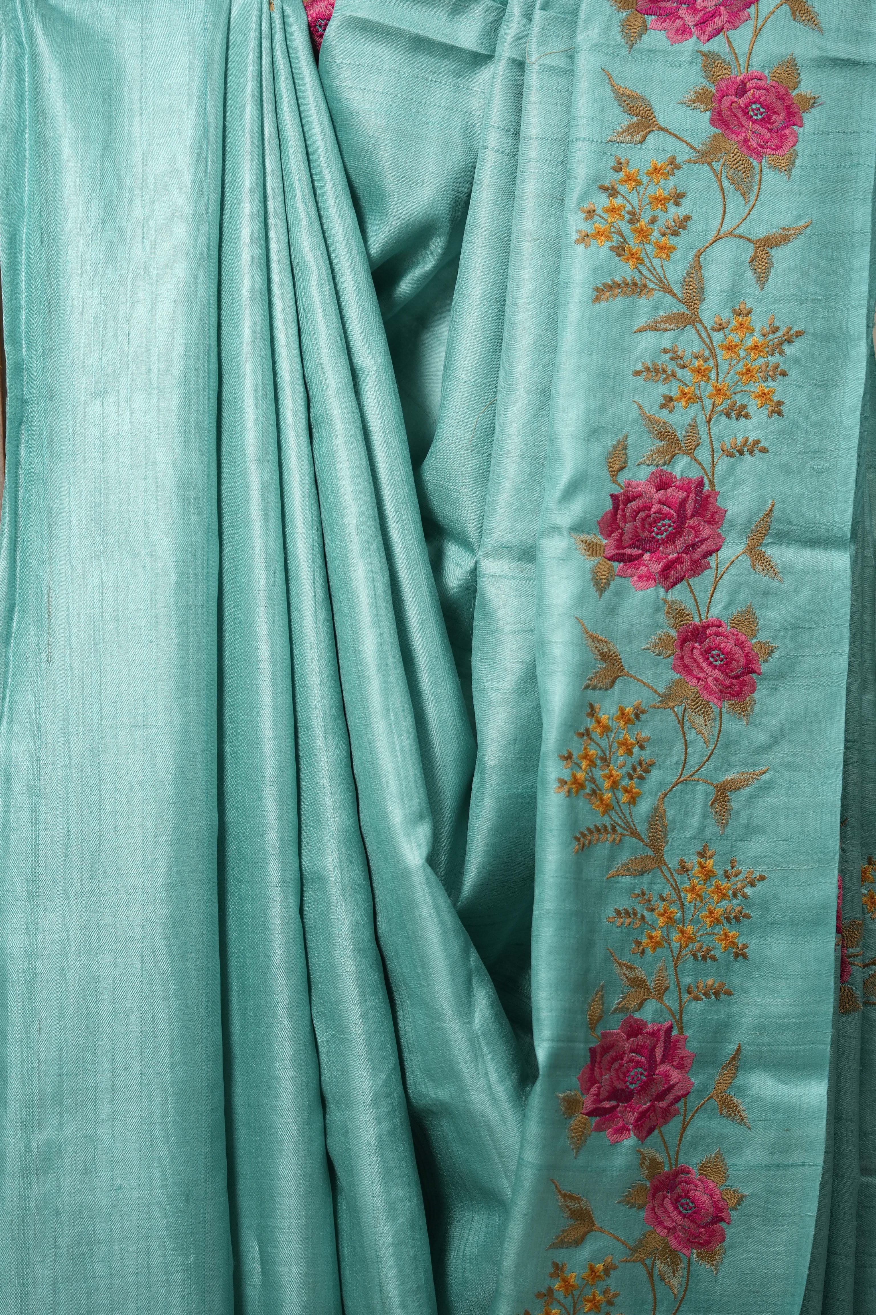 Aqua Blue Machine Embroidered Tussar Silk Saree - SRABMETSS1514