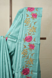 Aqua Blue Machine Embroidered Tussar Silk Saree - SRABMETSS1514