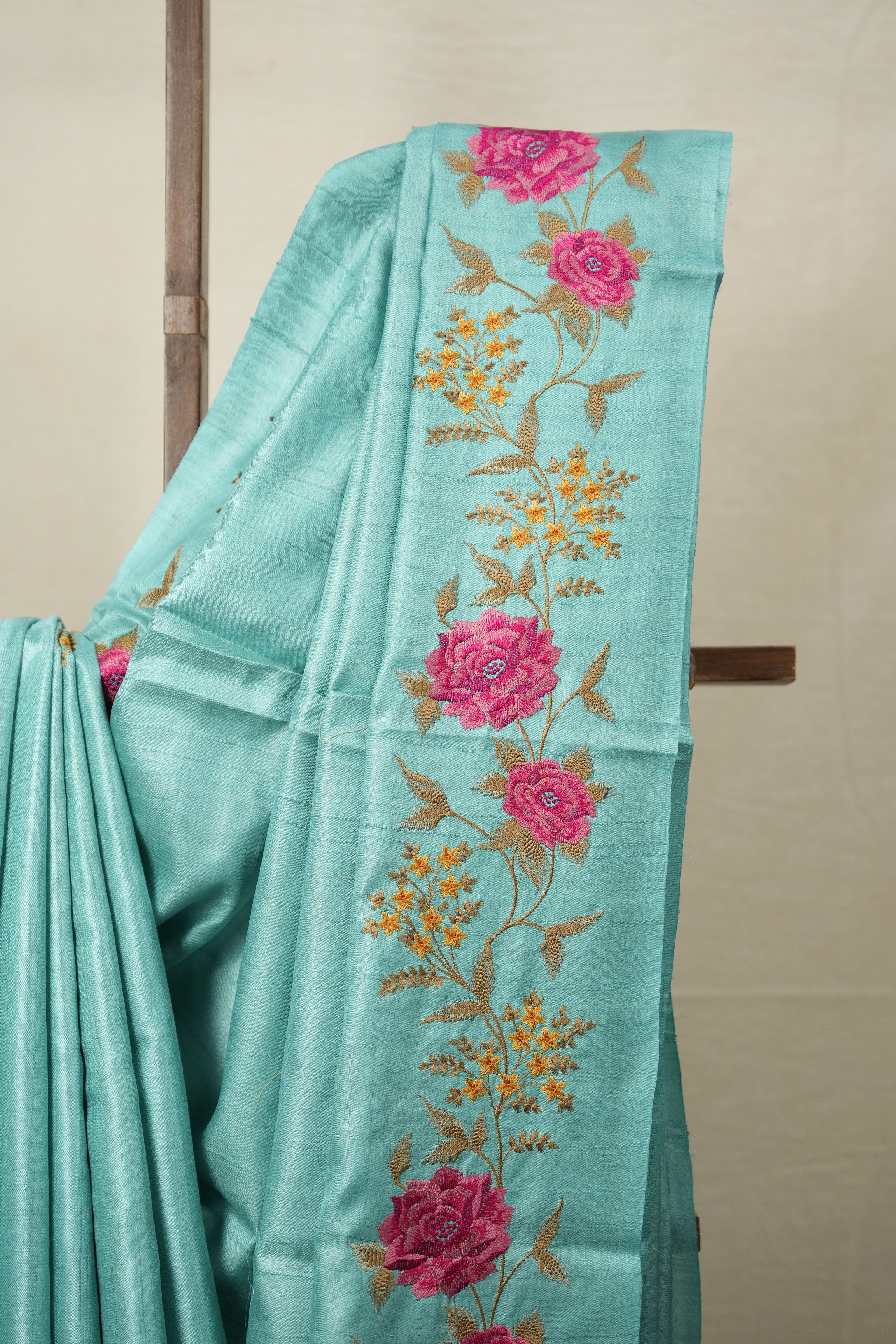 Aqua Blue Machine Embroidered Tussar Silk Saree - SRABMETSS1514