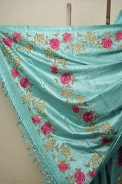 Aqua Blue Machine Embroidered Tussar Silk Saree - SRABMETSS1514