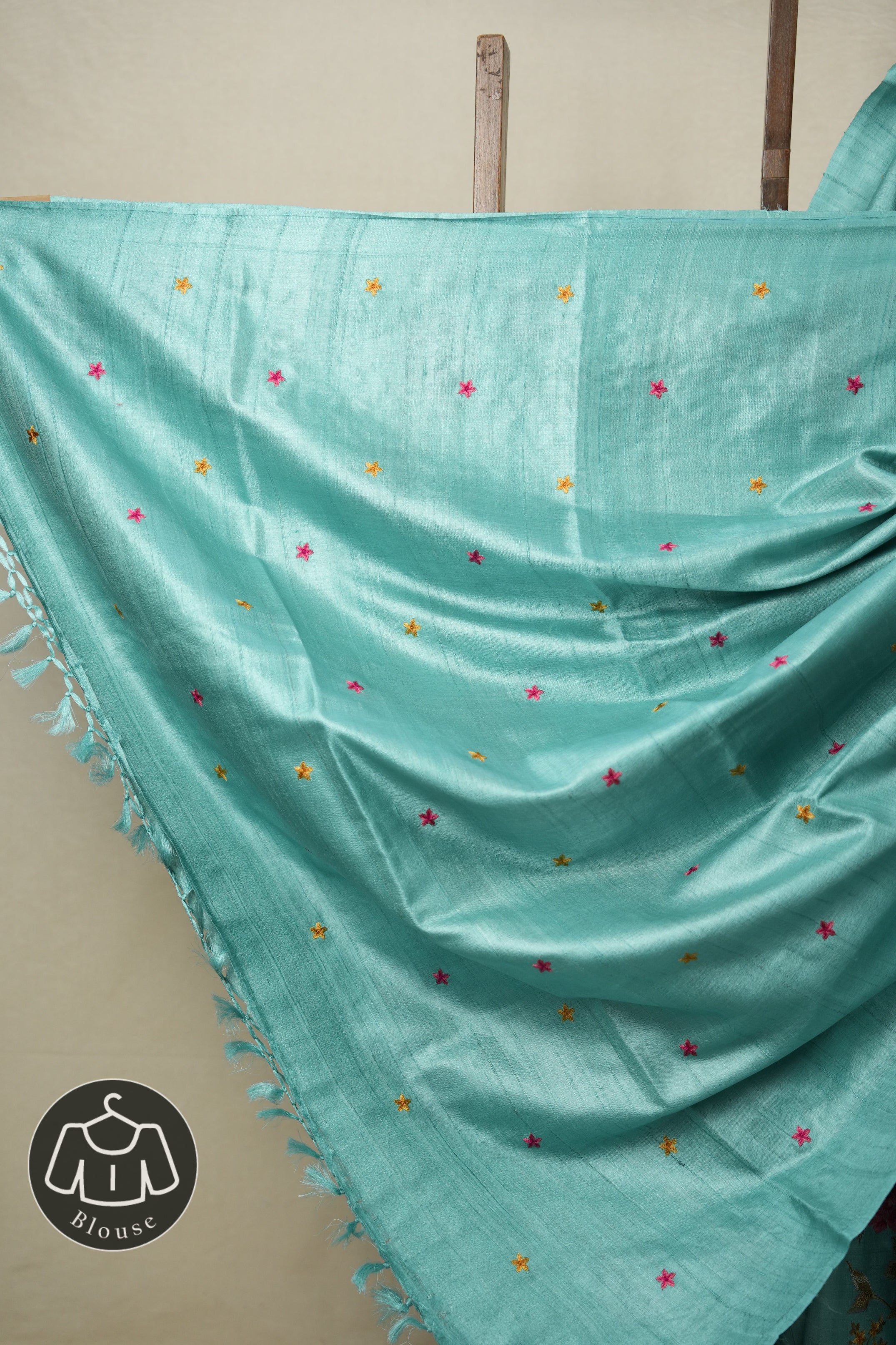 Aqua Blue Machine Embroidered Tussar Silk Saree - SRABMETSS1514