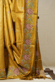 Yellow Gold Machine Embroidered Tussar Silk Saree - SRYGETSS1493
