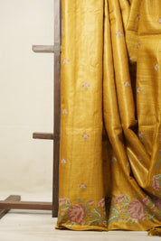 Yellow Gold Machine Embroidered Tussar Silk Saree - SRYGETSS1493