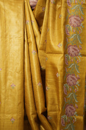 Yellow Gold Machine Embroidered Tussar Silk Saree - SRYGETSS1493