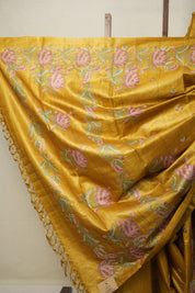 Yellow Gold Machine Embroidered Tussar Silk Saree - SRYGETSS1493