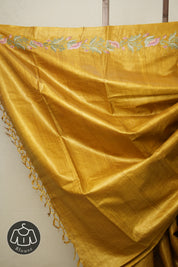 Yellow Gold Machine Embroidered Tussar Silk Saree - SRYGETSS1493