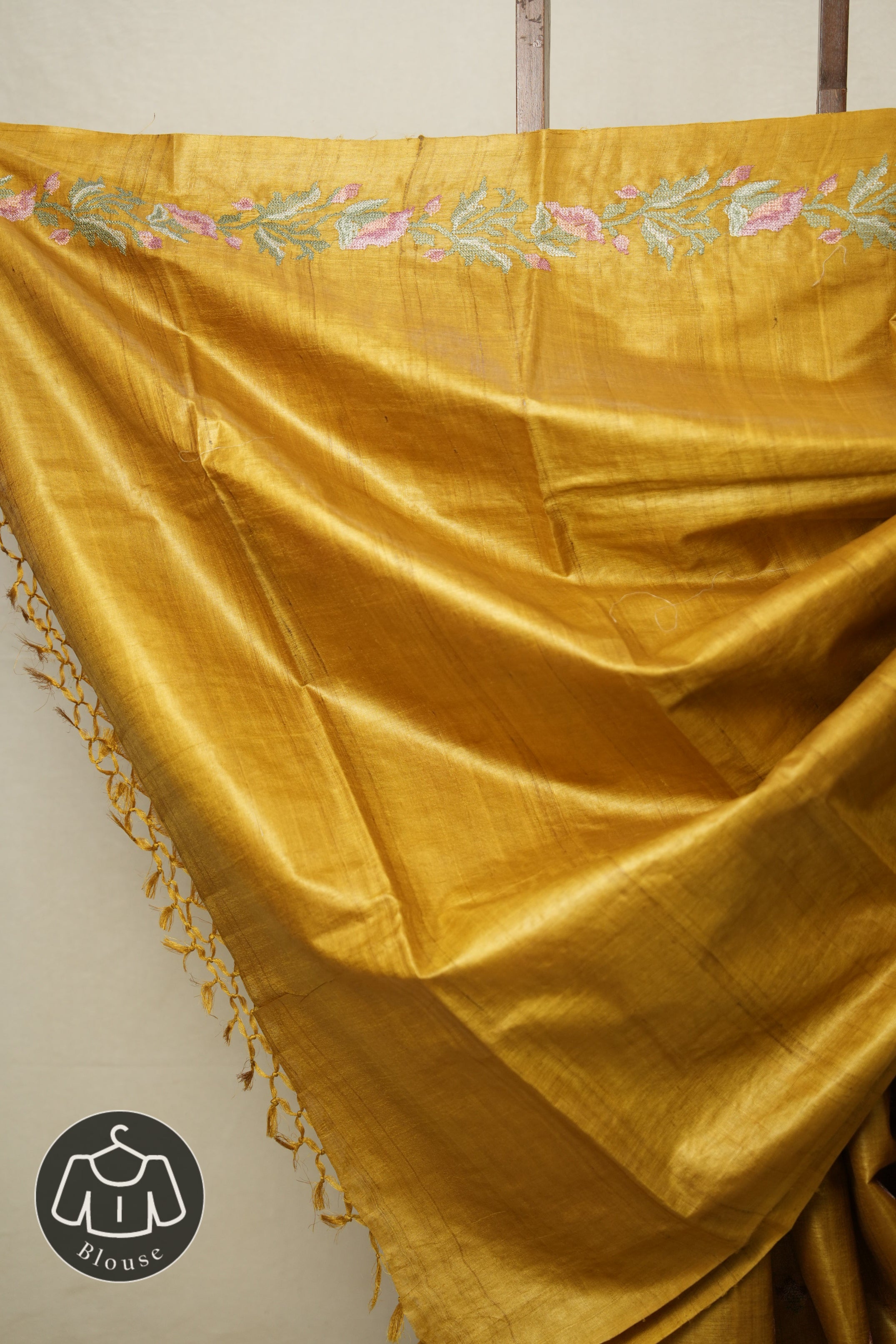 Yellow Gold Machine Embroidered Tussar Silk Saree - SRYGETSS1493